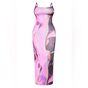 Pretty Little Thing SHAPE PINK ABSTRACT PRINT SLINKY SPAGHETTI STRAP MIDI DRESS